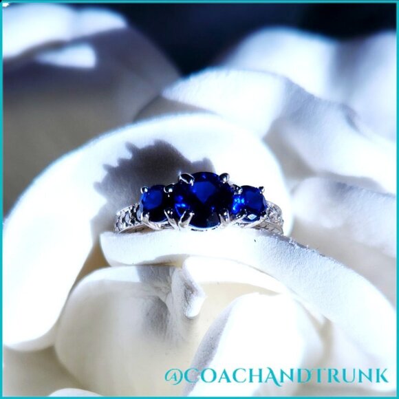 925 Sapphire Trinity Ring Channel Set White CZ STERLING SILVER NWT - Picture 5 of 9